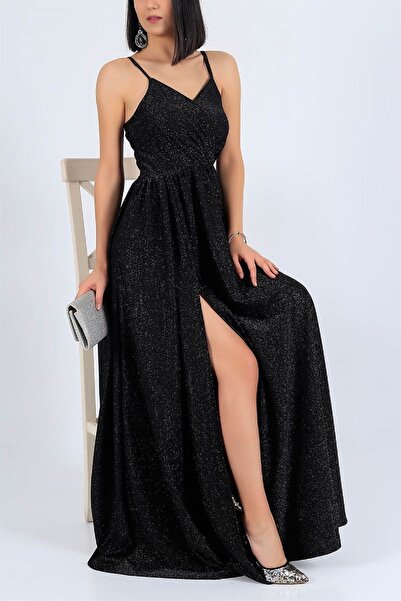 bayansepeti Women's Sparkly Fabric Slit Detailed Long Dress