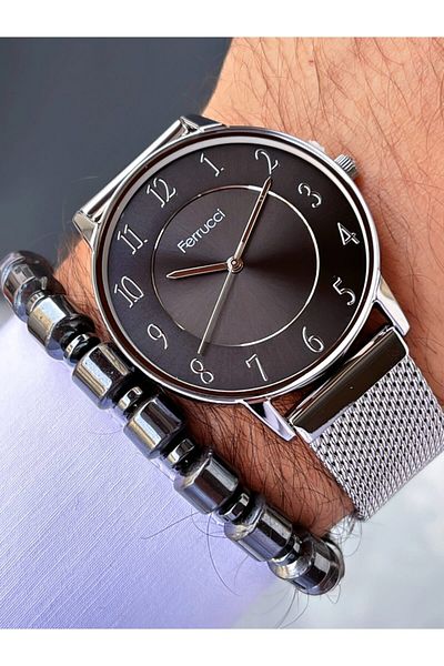 Ferrucci Silver Color Black Dial Classic Men's Wristwatch + Hematite Natural Stone Bracelet with Gift