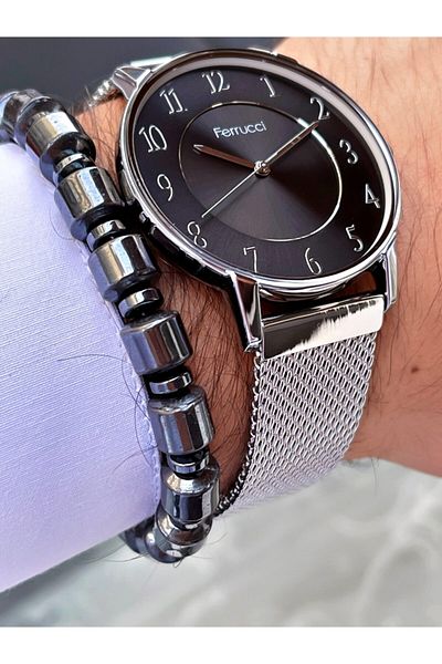 Ferrucci Silver Color Black Dial Classic Men's Wristwatch + Hematite Natural Stone Bracelet with Gift
