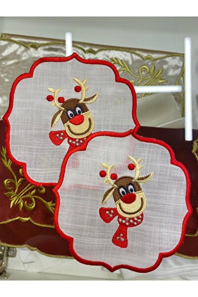 cantasarım ev tekstili Yılbaşı Kırmızı Mutlu Geyik Nakışlı Kokteyl Peçetesi&s...