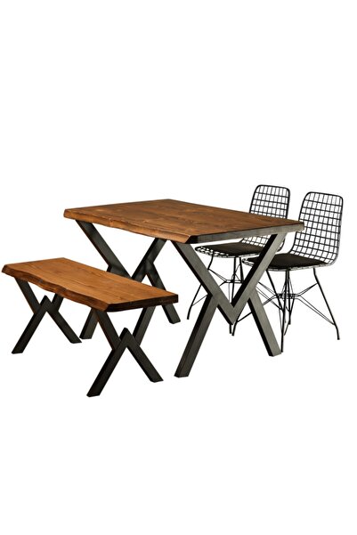Sağıroğlu Ahşap Ahşap Kütük Yemek Masası Takımı 80x140 Masa Bank Sandalye Takımı