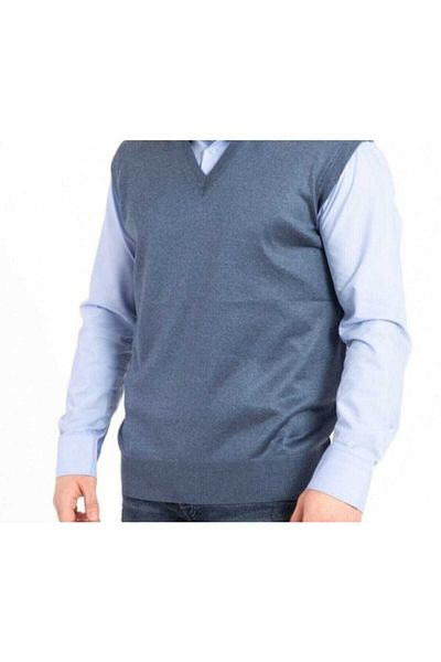 HMZ GİYİM Men's V-Neck Thin Wool Knit Indigo Knitwear Sweater
