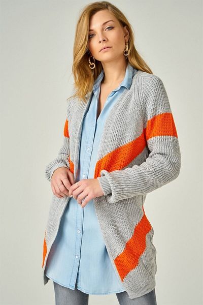 AQE FASHION Women's Striped Knitted Gray Orange Cardigan