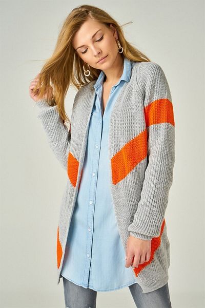 AQE FASHION Women's Striped Knitted Gray Orange Cardigan