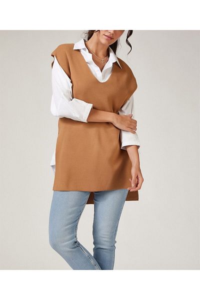 AQE FASHION Γυναικεία αμάνικη γραβάτα με λαιμόκοψη σε σχήμα V, καφέ Poncho
