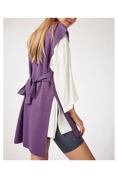 AQE FASHION Women's V-Neck Sleeveless Tie Poncho Lilac