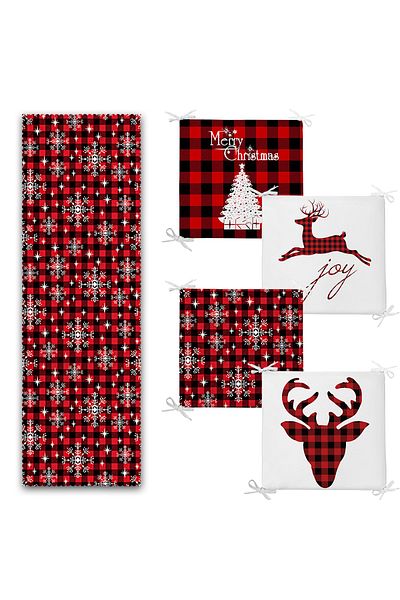 Realhomes Mery Christmas New Year's Design Set of 4 Zippered Chair Cushions and 1 Runner