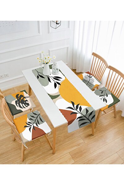 Realhomes Renkli Soyut Renkli Tropik Yaprak Tasarımlı 4 Fermuarlı Sandalye Minderi Ve 1 Runner Seti