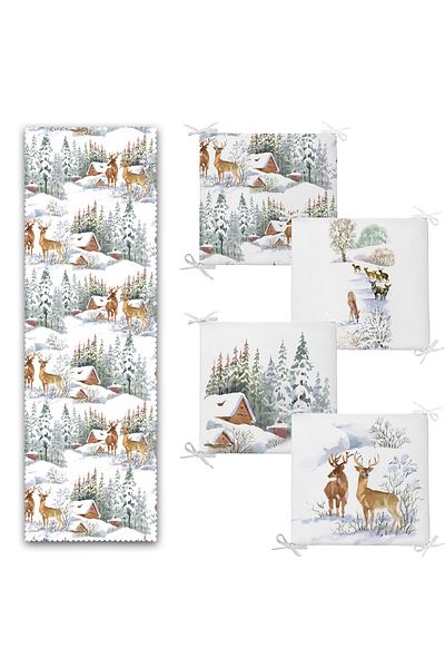 Realhomes Winter Themed Deer Detailed Vineyard House Concept 4 Zippered Chair Cushion 1 Runner Set