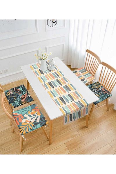 Realhomes Troplik Colorful Leaves 4 μαξιλάρια καρέκλας με φερμουάρ και 1 σετ δρομέα