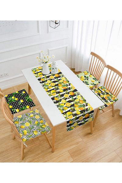 Realhomes Black Striped Lemon Design Set of 4 Zippered Chair Cushions and 1 Runner