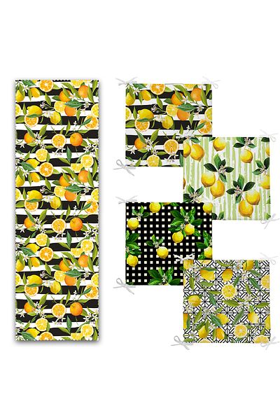 Realhomes Black Striped Lemon Design Set of 4 Zippered Chair Cushions and 1 Runner