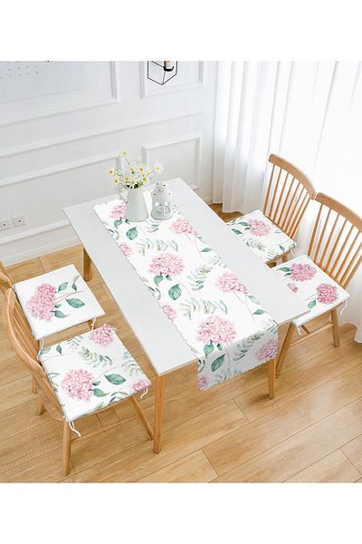 Realhomes White Floor Hydrangea Flower Motif Set of 4 Zippered Chair Cushions and 1 Runner