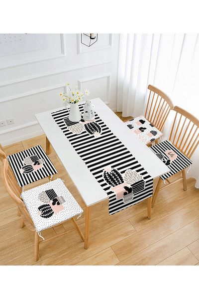 Realhomes Striped Cactus Designed Set of 4 Zippered Chair Cushions and 1 Runner