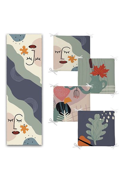 Realhomes Bohemian Designed Digital Printed 4 Zippered Chair Cushion 1 Runner Set
