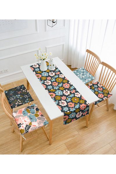 Realhomes Set de 4 perne pentru scaune cu fermoar și 1 pasaj cu design floral abstract