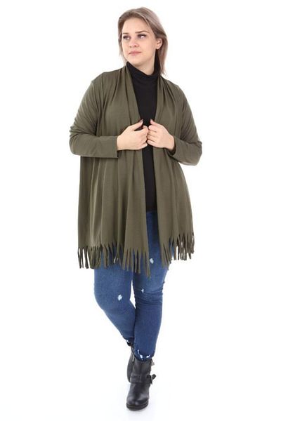 ViolettaXL Women's Large Size Asymmetrical Cut Tasseled Loose Lycra Viscose Cardigan
