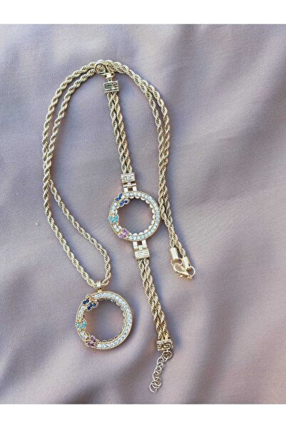 GEZERGOLD TAKI Çeyrek Bileklik Yarım Kolye 22ayar Altın Kaplama Zirkon Taşlı