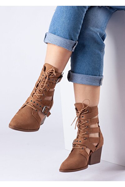 Bej Ayakkabı Women's Back Zippered Double Buckle Adjustable and Tied Summer Boots Camel