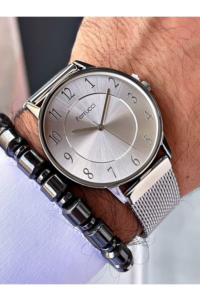 Ferrucci Silver Color Metallic Dial Classic Men's Wristwatch + Hematite Natural Stone Bracelet Gift