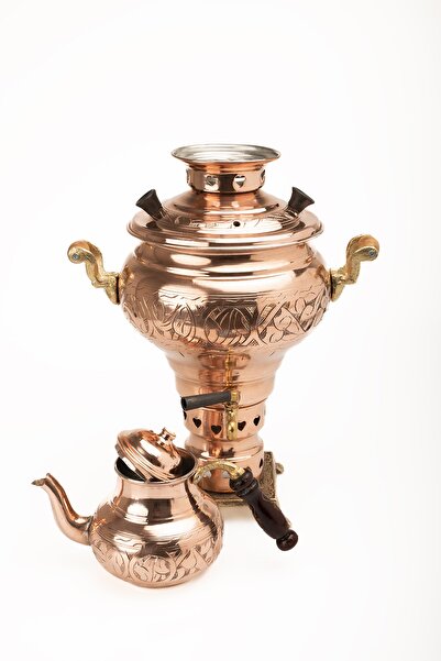 DMT COPPER HOME Dmt Gaziantep Bakır El Işlemeli Kömürlü Bakır Semaver Yük:55 Cm Kalınlık:0,10mm 3 Litre Kapasiteli