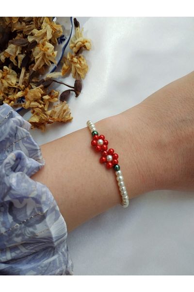 Fata Morgana Accessory Red Floral Pearl Bracelet