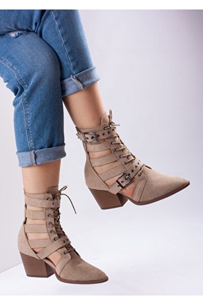 Bej Ayakkabı Women's Back Zippered Double Buckle Adjustable and Tied Summer Boots Tan