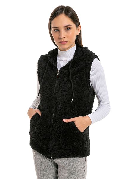 EtkiModa Дамска черна плюшена жилетка без ръкави с качулка