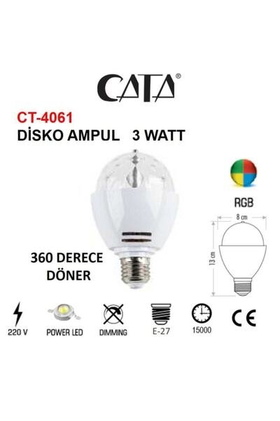 Cata Ct 4061 Disko Işık Lamba 360 Derece Dönen Led Ampul Rgb E 27 Duylu 3 Wat...
