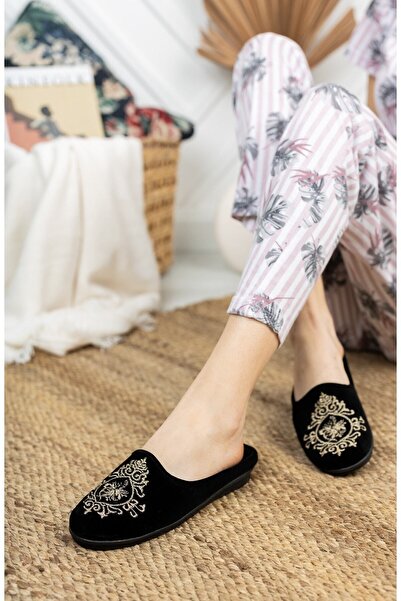 Modafırsat Černé dlaždice Dámské vnitřní pantofle Zima Vnitřní Měkké Pohodlné pantofle Vyšívané pantofle z narození věna pro hosty