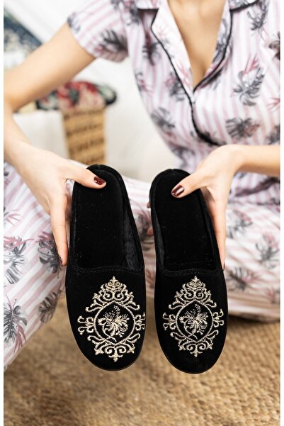 Modafırsat Černé dlaždice Dámské vnitřní pantofle Zima Vnitřní Měkké Pohodlné pantofle Vyšívané pantofle z narození věna pro hosty