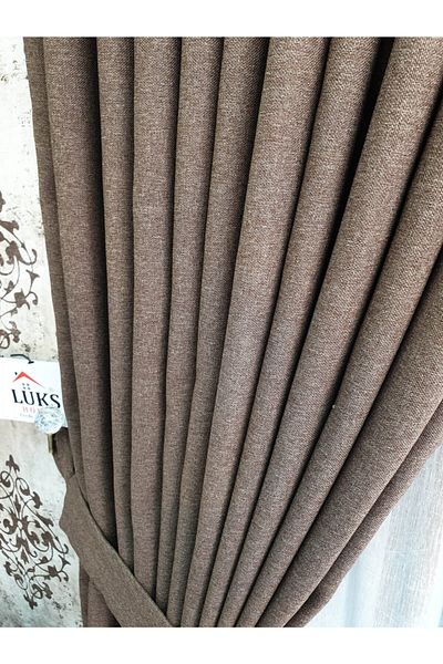 lüks House Light Brown Blackout Linen Blackout Country Style Pleatless Background Curtain