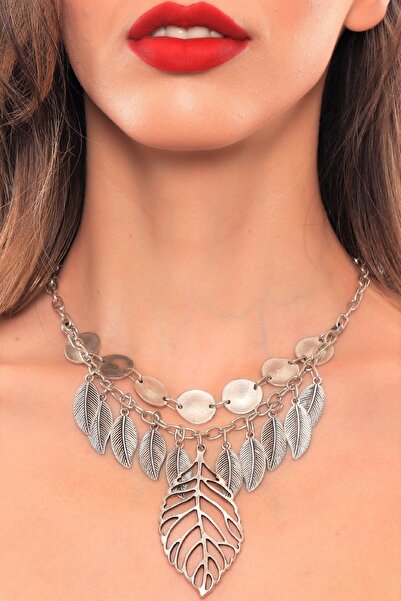LABALABA KADIN ANTİK GÜMÜŞ KAPLAMA YAPRAK KOMBİN KOLYE