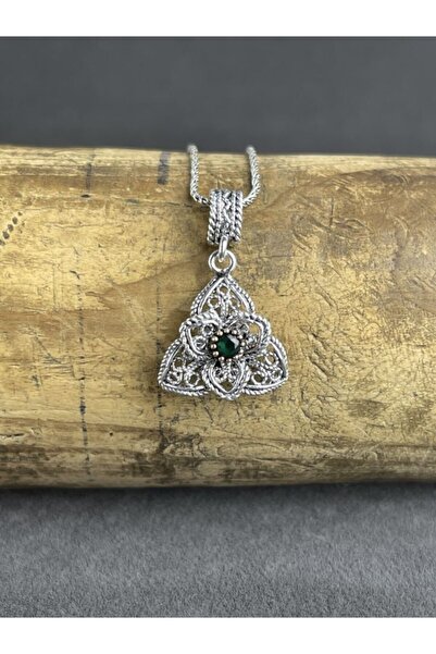 BEY SİLVER Telkari Zümrüt Taşlı Çiçek Gümüş Kadın Kolye