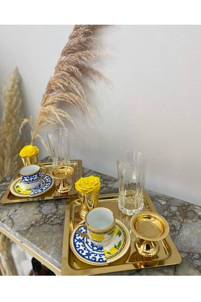 LAL DEKOR Gold Square Presentation Tray - 2 Pieces - 21*21 Cm