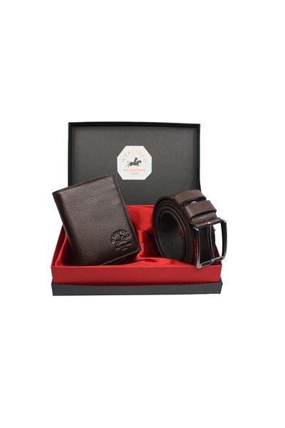 WEST POLO CÜZDAN Sada opasku a peněženky West Polo Brown z pravé kůže