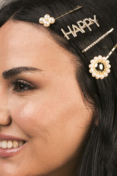 Çılgıntrend Set de 4 catarame tematice Happy cu piatră și perle