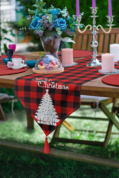 Realhomes Siyah Kırmızı Ekose Desenli Yılbaşı Temalı Dekoratif Püsküllü Şönil...