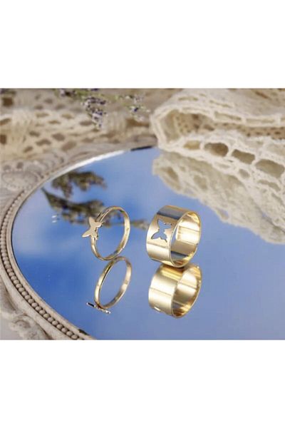 Köstebek Trendy Romantic Double Gold Color Butterfly Ring