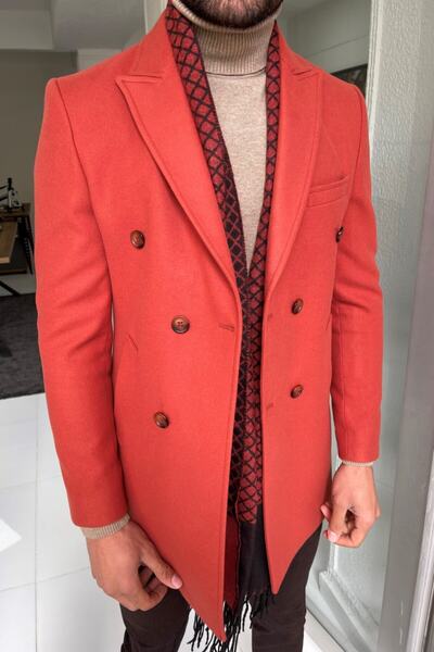 NAZEF Slim Fit Wool Double Breasted Tile Coat