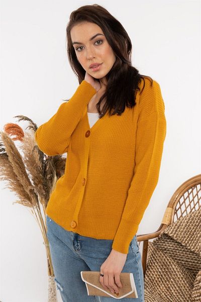 AQE FASHION Women's V-Neck Knitted Mustard Cardigan