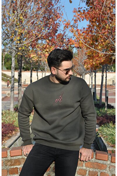 WELLHS Unisex Haki Geyik Nakışlı Oversize Sweatshirt