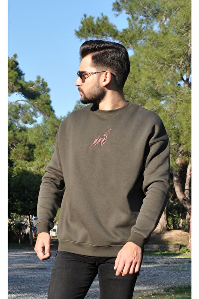 WELLHS Unisex Haki Geyik Nakışlı Oversize Sweatshirt