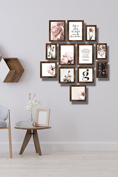 NT Handmade 12 Parça Ahşap Tablo Seti - Pembe Çiçekler Salon Otuma Yatak Odas...