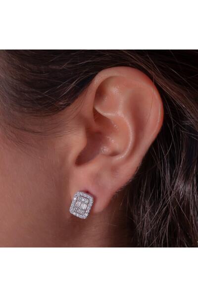 Takıhan Baget Taşlı Rodyum Kaplamalı 925 Ayar Gümüş J Küpe