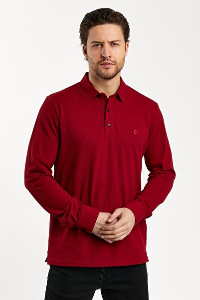 ENQUE Erkek Polo Yaka Oversize Uzun Kollu Basic Bordo Tişört