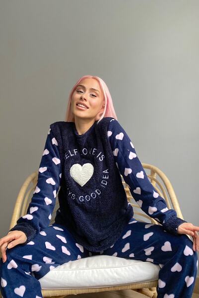 Pijamaevi Navy Blue Self Love Patterned Women's Plush Pajama Set