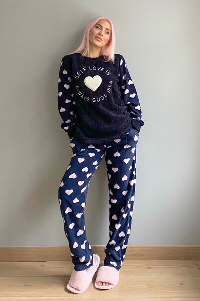 Pijamaevi Navy Blue Self Love Patterned Women's Plush Pajama Set