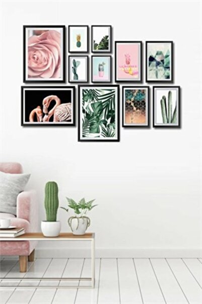 NT Handmade 11 Parça Ahşap Tablo Seti - Pembe Flamingo Salon Oturma Yatak Oda...