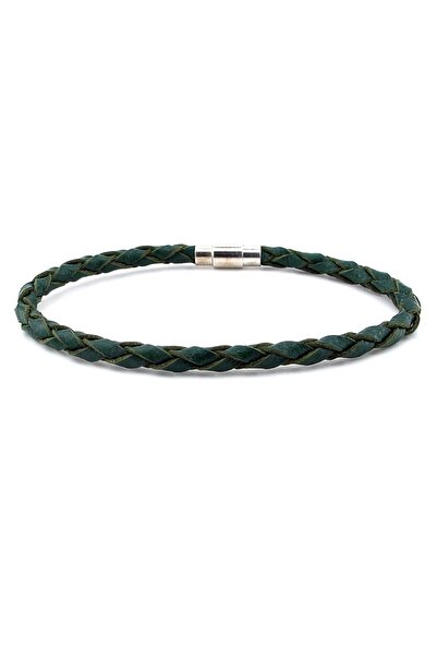 Solfera Green Genuine Hair Braid Leather Metal Magnet Men's Bracelet M018A
